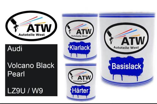 Audi, Volcano Black Pearl, LZ9U / W9: 1L Lackdose + 1L Klarlack + 500ml Härter - Set, von ATW Autoteile West.